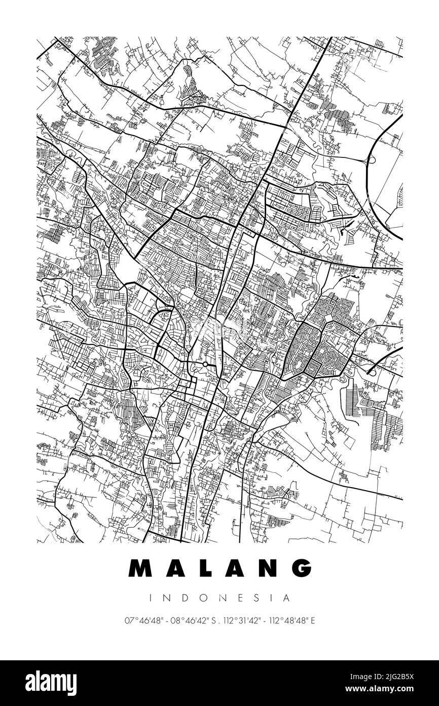 Wanddekoration Mit Minimalistischer Malang-Stadtkarte. Malang ist eine der Städte Indonesiens Stockfoto