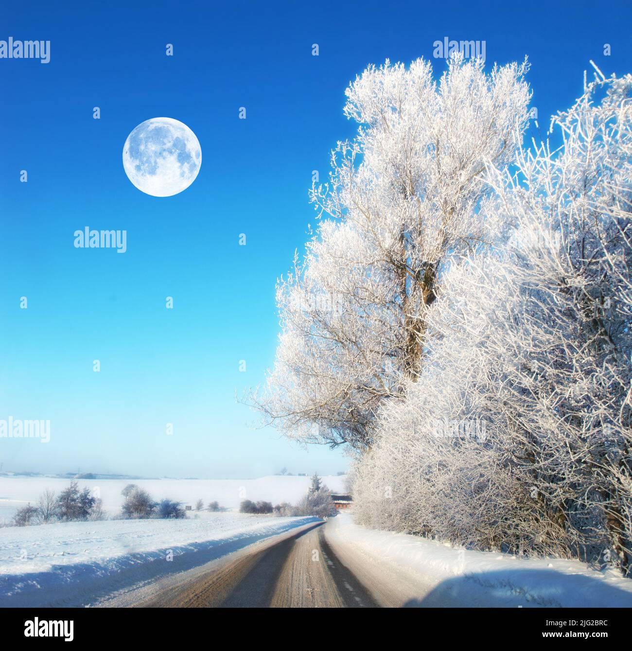 Der Mond in der Winterlandschaft. Straße mit Eis auf einer Winterlandschaft während der Mittagszeit. Der Mond scheint durch klare Wolken Stockfoto