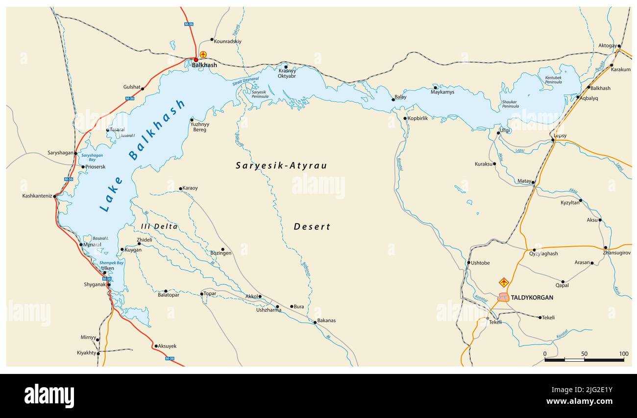 Vektorkarte des Balkhasch-Sees im Osten Kasachstans Stockfoto