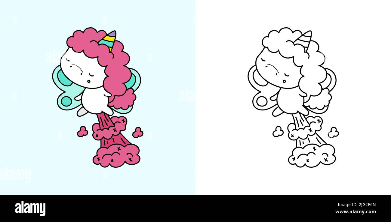 Set Clipart Einhorn Multicolor und Schwarz-Weiß Kawaii Clip Art Einhorn. Vektorgrafik eines Kawaii für Drucke für Kleidung, Aufkleber, Baby Stock Vektor