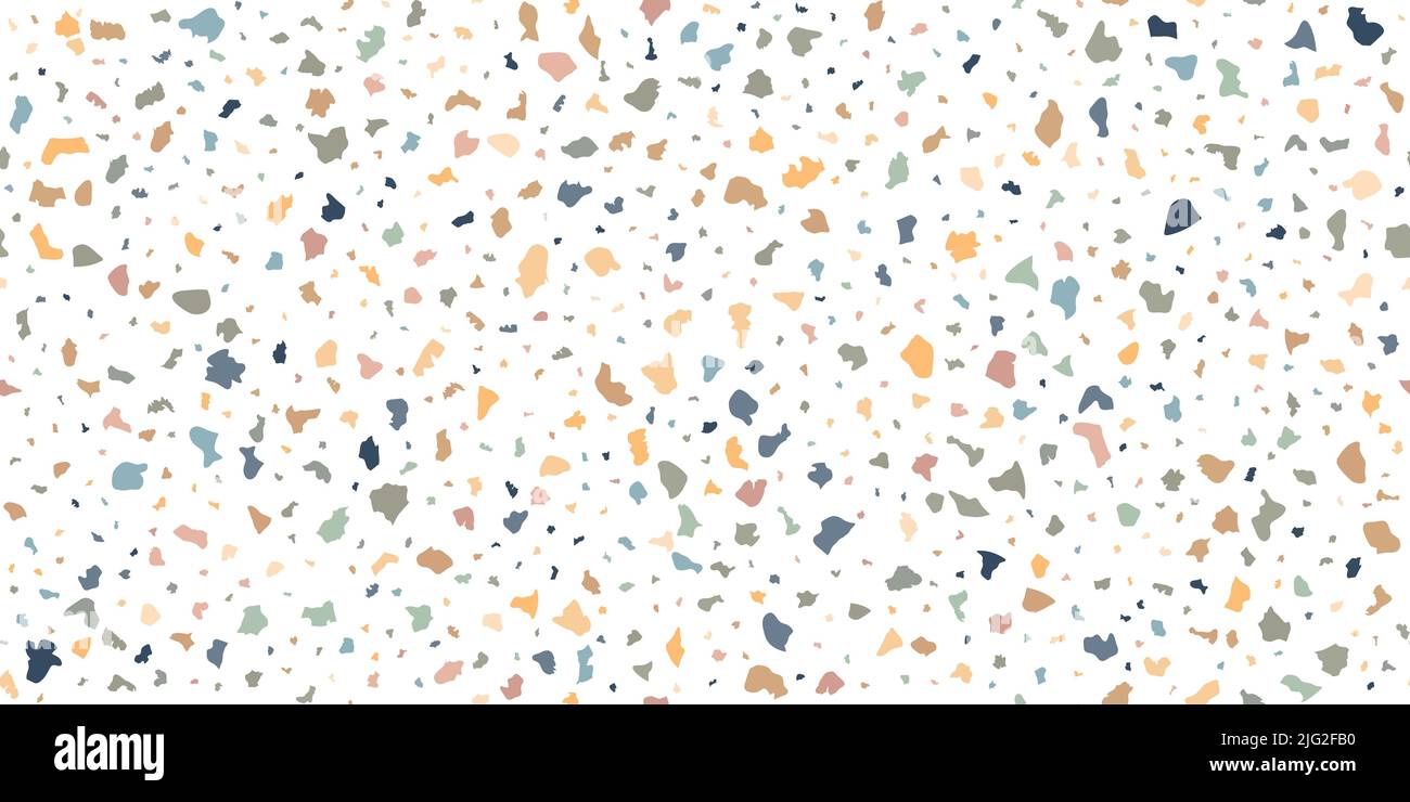 Terrazzo nahtloses Muster aus Granit, Quarz, Glas und Stein. Marmorboden mit Struktur. Klassisches weißes Pflasterdesign. Abstrakter Wandbelauf Stock Vektor