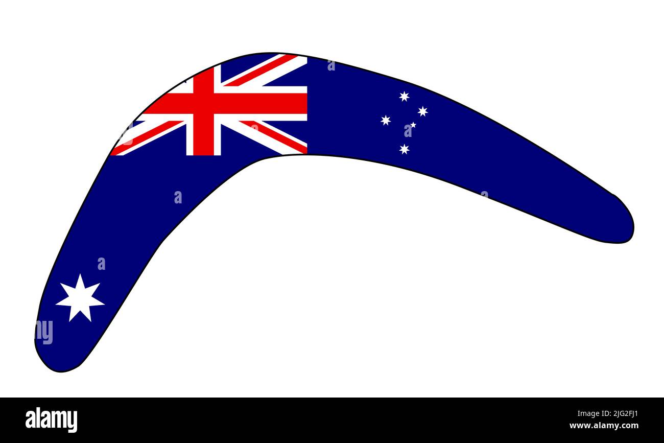 Australische Flaggen-Symbole, die in einer typischen Bumerang-Silhouette auf weißem Hintergrund dargestellt sind Stockfoto
