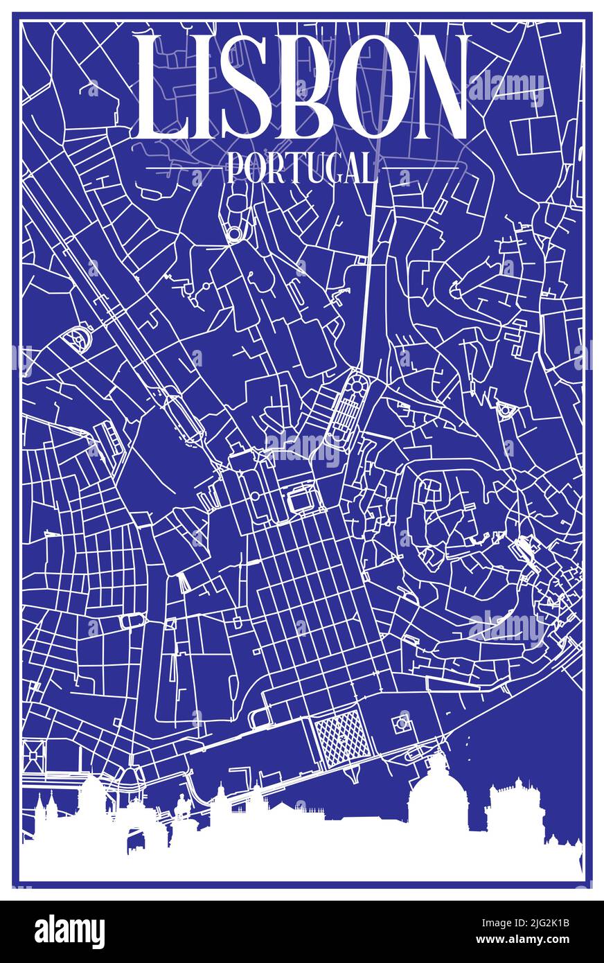 Technisches Zeichnungsausdruck Stadtplakat mit Panorama-Skyline und handgezeichneten Straßen Netzwerk auf blauem Hintergrund der Innenstadt VON LISSABON, PORTUGAL Stock Vektor