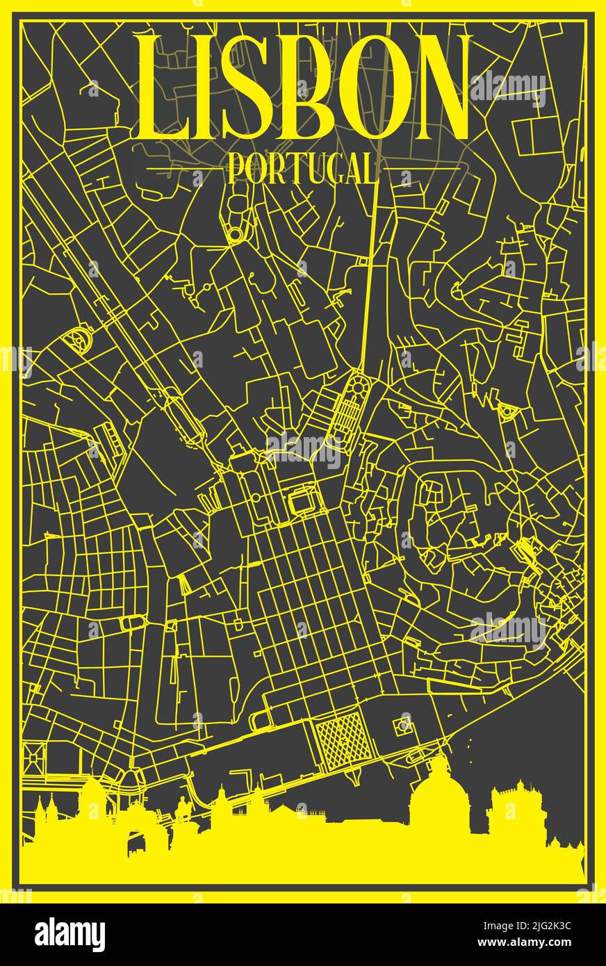 Gelbes Stadtplakat mit Panorama-Skyline und handgezeichneten Straßen auf dunkelgrauem Hintergrund der Innenstadt VON LISSABON, PORTUGAL Stock Vektor