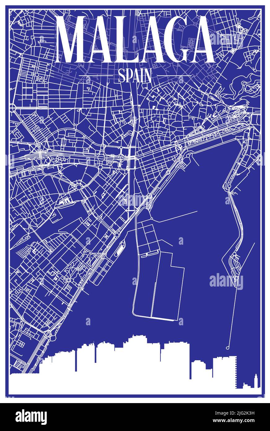 Technisches Zeichnungsausdruck Stadtplakat mit Panorama-Skyline und handgezeichneten Straßen Netzwerk auf blauem Hintergrund der Innenstadt VON MALAGA, SPANIEN Stock Vektor