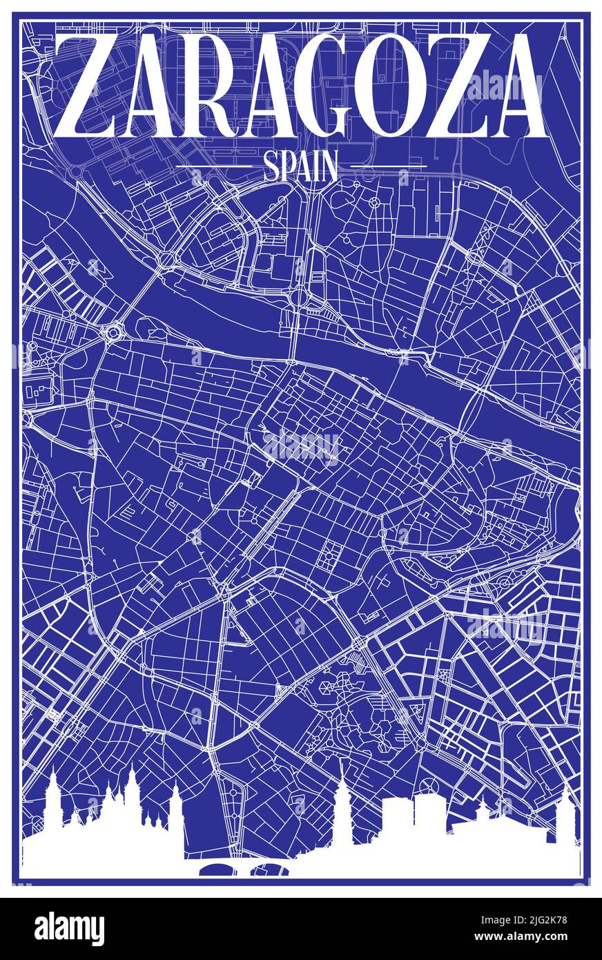 Technisches Zeichnungsausdruck Stadtplakat mit Panorama-Skyline und handgezeichneten Straßen Netzwerk auf blauem Hintergrund der Innenstadt VON ZARAGOZA, SPANIEN Stock Vektor