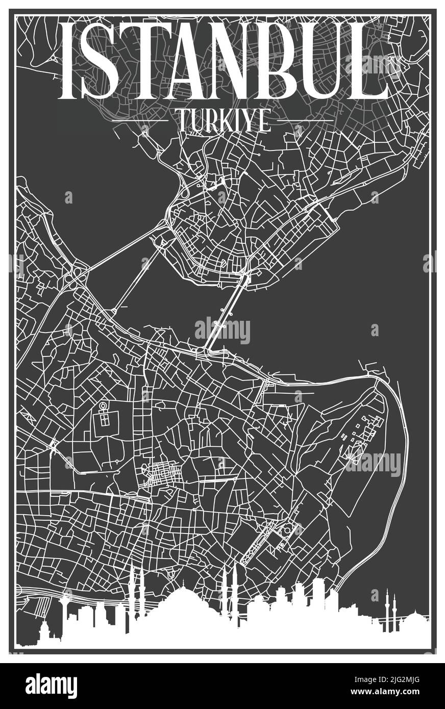 Ein dunkles Ausdrucksplakat mit Panorama-Skyline und handgezeichneten Straßen auf dunkelgrauem Hintergrund der Innenstadt VON ISTANBUL, TÜRKEI Stock Vektor