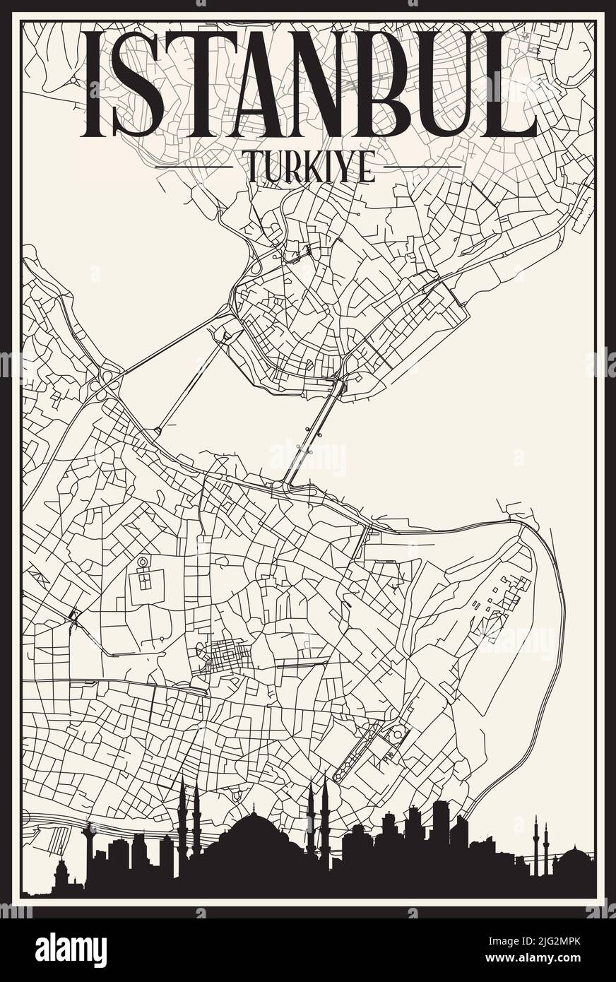 Stadtplakat mit hellem Ausdruck und Panoramasilhouette und handgezeichneten Straßen auf Vintage-beigefarbenem Hintergrund der Innenstadt VON ISTANBUL, TÜRKEI Stock Vektor
