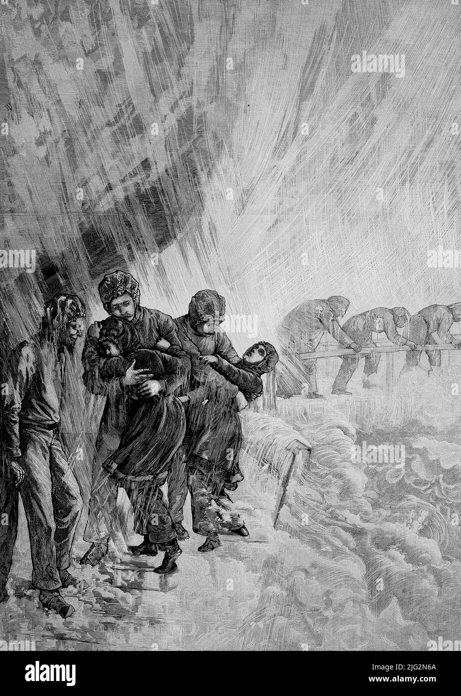 Besucher laufen unter den Wasserfällen des Niagarafall Hinduch und werden naß, Kanada / Visitors Walk under Niagara Falls Wasserfällen and get wet, Kanada, Historisch, historisch, digital verbesserte Reproduktion eines Originals aus dem 19.. Jahrhundert / digital restaurierte Reproduktion einer Originalvorlage aus dem 19. Jahrhundert, das Originaldatum ist nicht bekannt Stockfoto