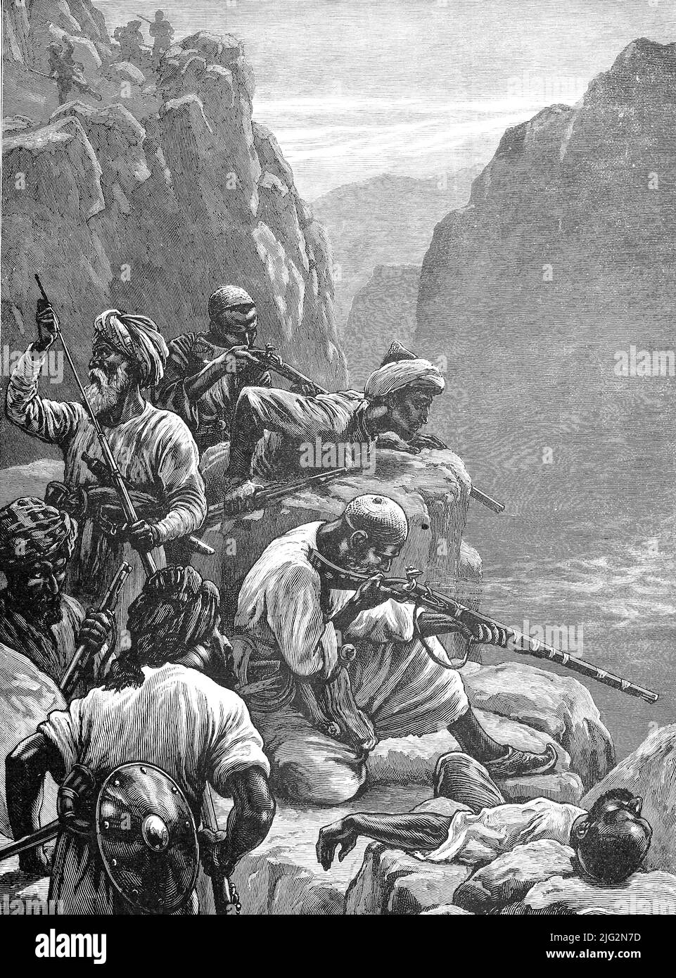 Der Krieg in Afganistan, Bergbewohner greifen einen Fouragezug an, Zweiter Anglo-Afghanischer Krieg 1878 bis 1880 / The war in Afganistan, Mountain People Attack a Fourage Train, Second Anglo-Afghan war 1878 to 1880, Historisch, historical, Digital verbesserte Reproduktion eines Originals aus dem 19.. Jahrhundert / digital restaurierte Reproduktion einer Originalvorlage aus dem 19. Jahrhundert, das Originaldatum ist nicht bekannt Stockfoto