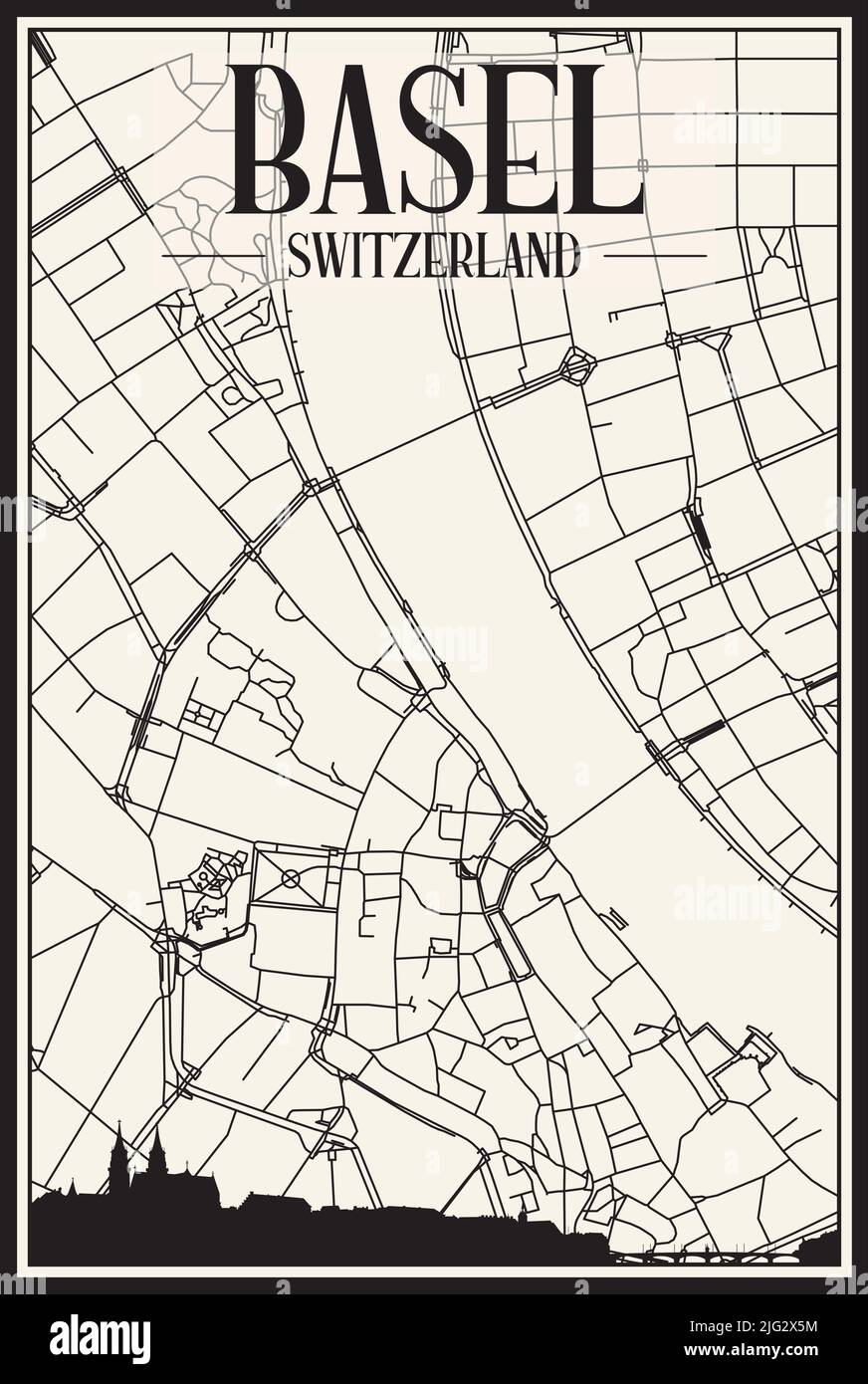 Stadtplakat mit hellem Ausdruck und Panorama-Skyline und handgezeichneten Straßen auf Vintage-beigen Hintergrund der Innenstadt VON BASEL, SCHWEIZ Stock Vektor