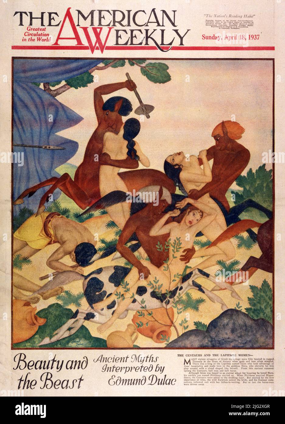 The Centauren and the Lapithae Women, veröffentlicht am 18,1937. April in der American Weekly Magazine, illustriert von Edmund Dulac für die Schönheit und das Biest. Stockfoto