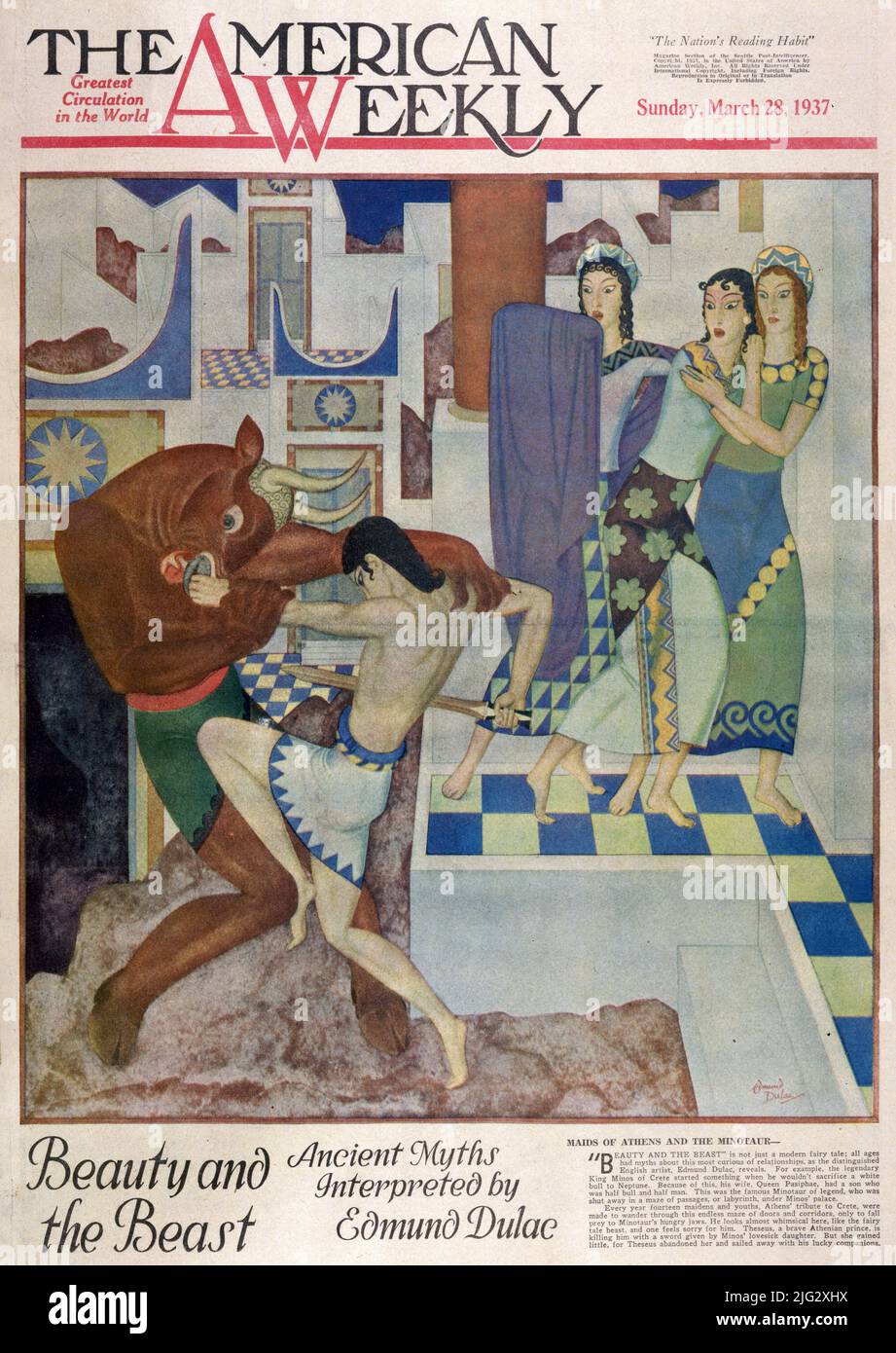 „Maids of Athens and the Minotaur“, veröffentlicht am 28. März 1937 im American Weekly Magazine, illustriert von Edmund Dulac für „Beauty and the Beast“ Stockfoto