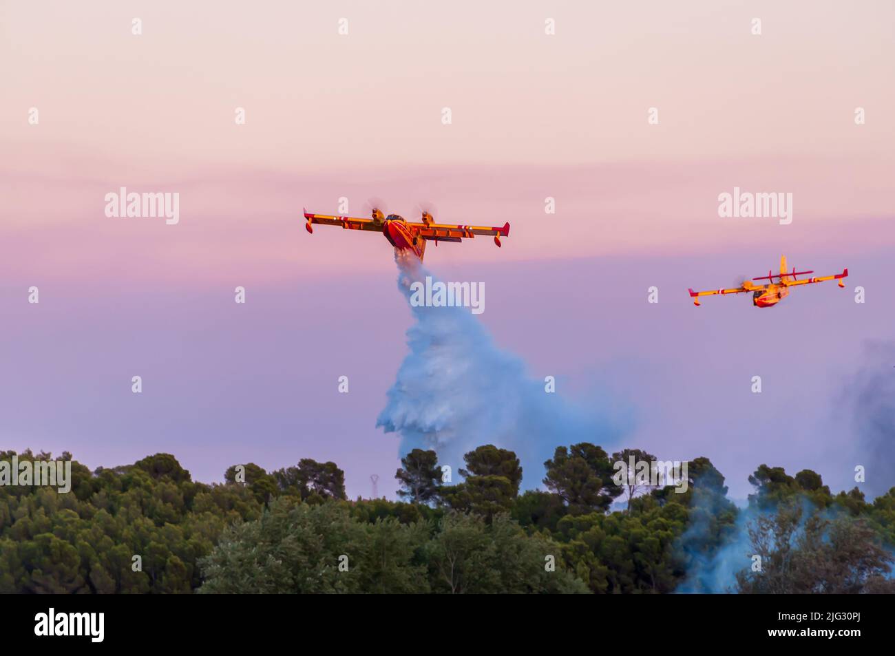 Canadaire versucht, im Sommer in der Garrigue in der französischen Gemeinde von Canzitanie ein Feuer zu löschen Stockfoto