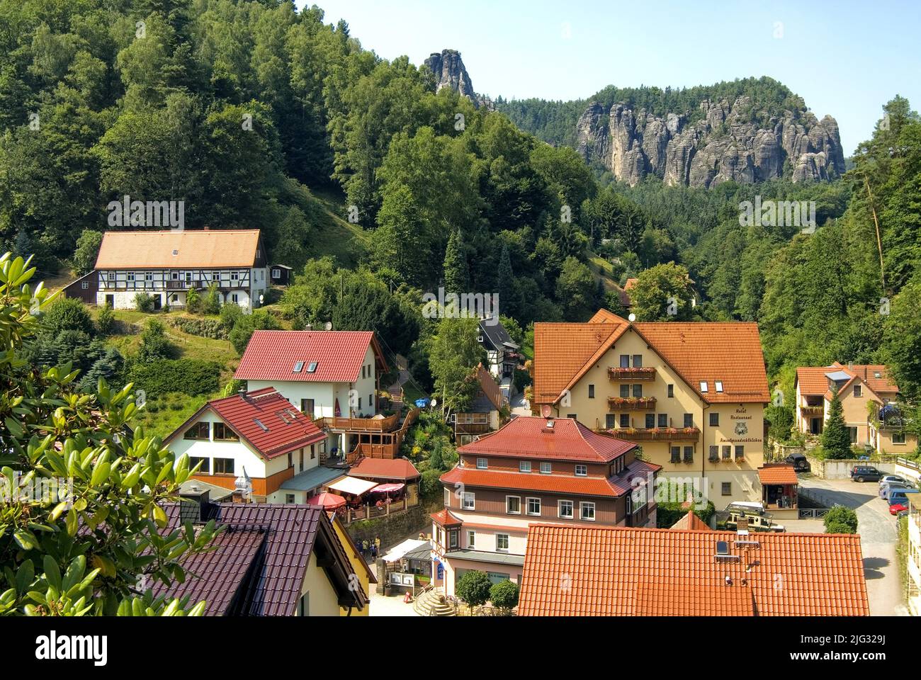 Blick auf die Stadt, Deutschland, Sachsen, Sächsische Schweiz, Rathen Stockfoto