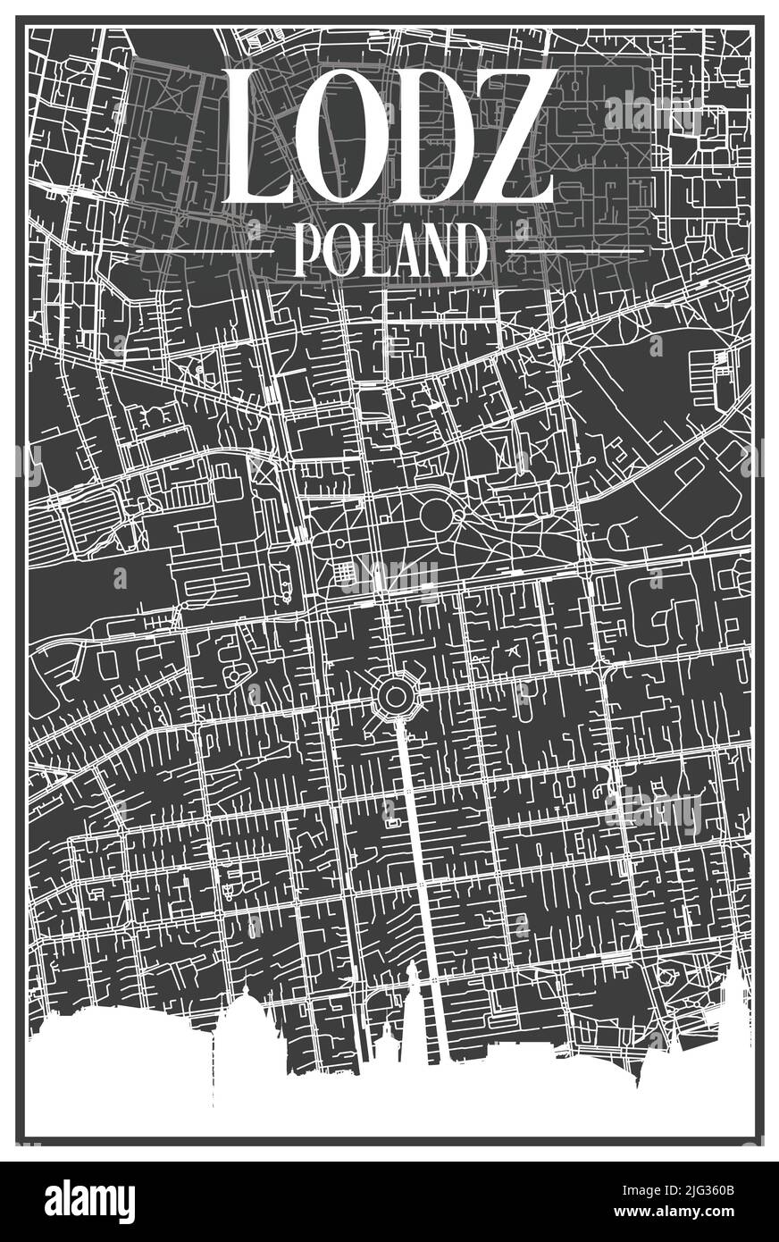 Ein Stadtplakat mit dunklem Ausdruck und Panoramasilhouette und handgezeichneten Straßen auf dunkelgrauem Hintergrund der Innenstadt VON LODZ, POLEN Stock Vektor