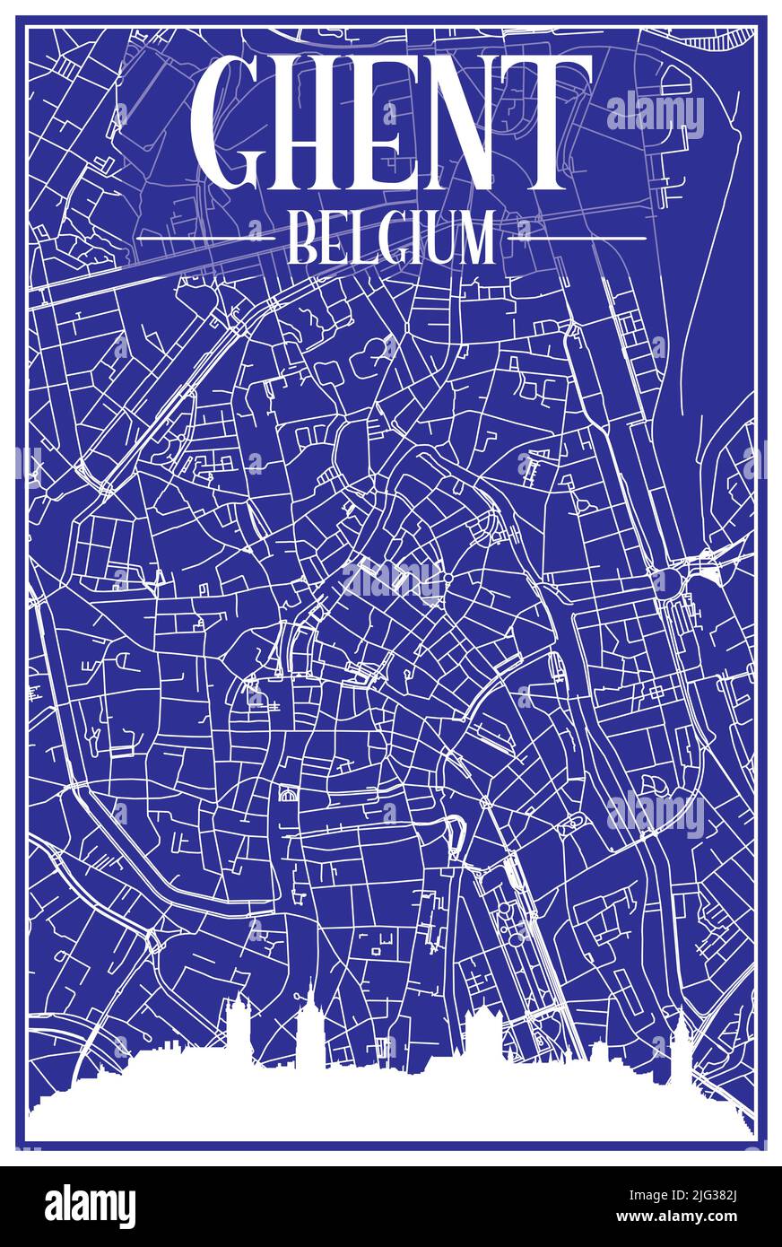 Technisches Zeichnungsausdruck Stadtplakat mit Panorama-Skyline und handgezeichneten Straßen Netzwerk auf blauem Hintergrund der Innenstadt VON GENT, BELGIEN Stock Vektor
