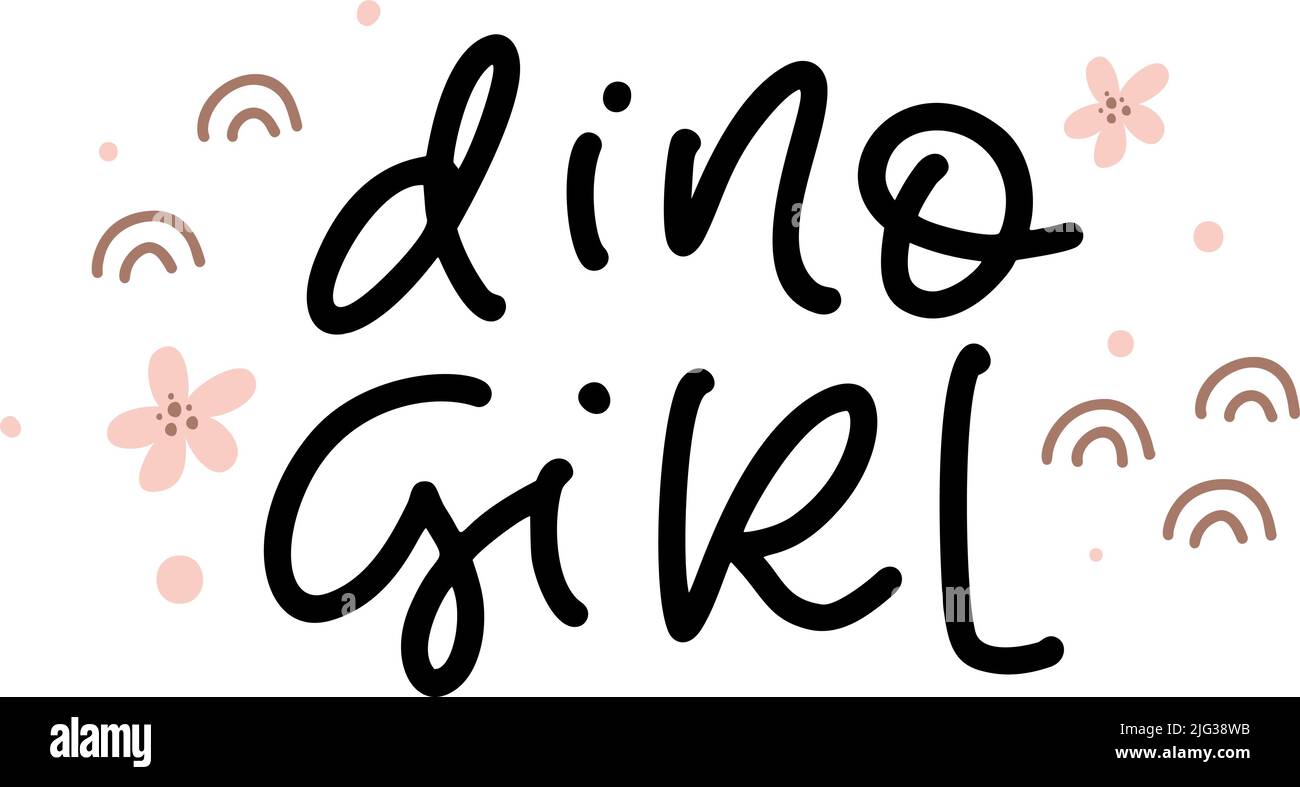 Vektor Hand gezeichnet Monoline Text Dino Mädchen mit Blumen und Regenbogen. Skandinavische lustige Doodle, Cartoon-Dinosaurier. Gut für Baby Poster, T-Shirt Stock Vektor