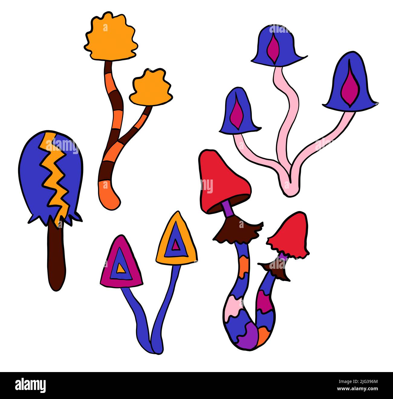 Handgezeichnete Cliparts-Illustration mit Hippie-Groovy-Pilzen in orange-violett-blau-roten Farben. Retro Vintage 1960s 1970s Stil, trippy wild hellen Hintergrund mit Halluzination hypnotischen Elementen Stockfoto