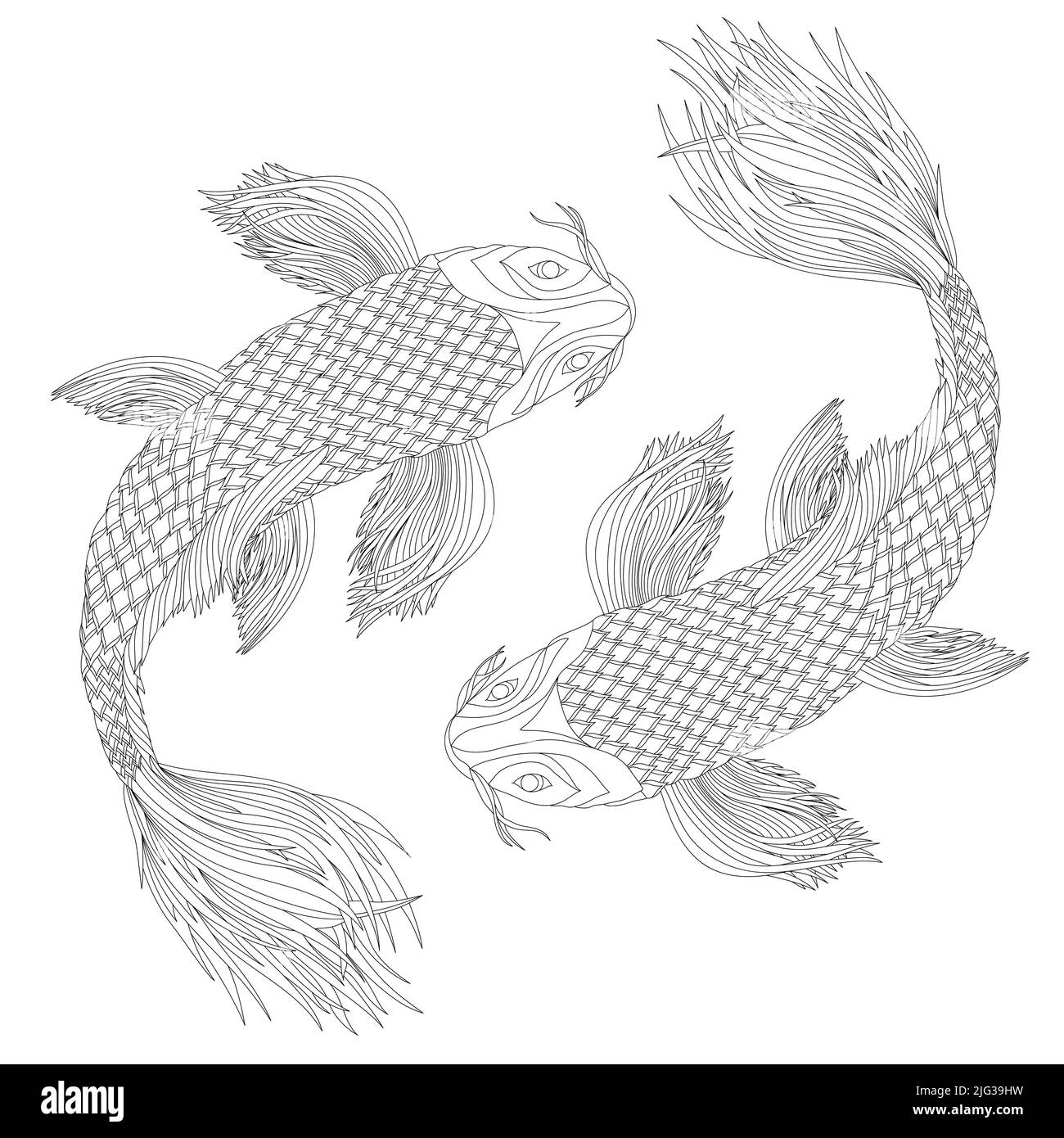 Zwei japanische Karpfen im Stil von feng Shui-Symbolen. Fische als Tierkreiszeichen. Schwarze Abbildung. Stock Vektor
