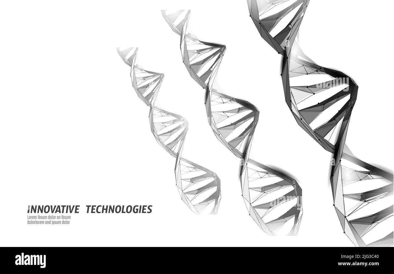 DNA 3D chemische Molekülstruktur low poly. Polygonale Dreieckslinie gesunder Zellteil. Mikroskopische Wissenschaft blaue Medizin Genom-Engineering Stock Vektor