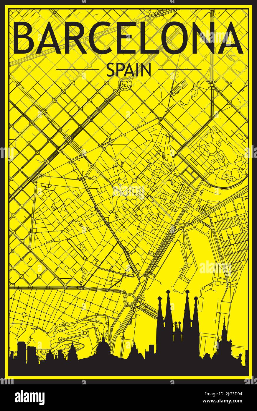 Goldenes Stadtplakat mit Panoramasilhouette und handgezeichneten Straßen auf gelb-schwarzem Hintergrund der Innenstadt VON BARCELONA, SPANIEN Stock Vektor