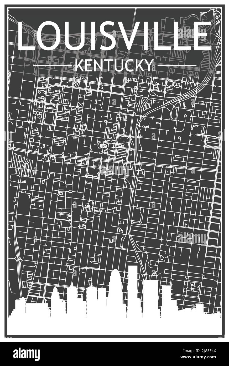 Ein Stadtplakat mit dunklem Ausdruck und Panoramasilhouette und handgezeichneten Straßen auf dunkelgrauem Hintergrund der Innenstadt VON LOUISVILLE, KENTUCKY Stock Vektor