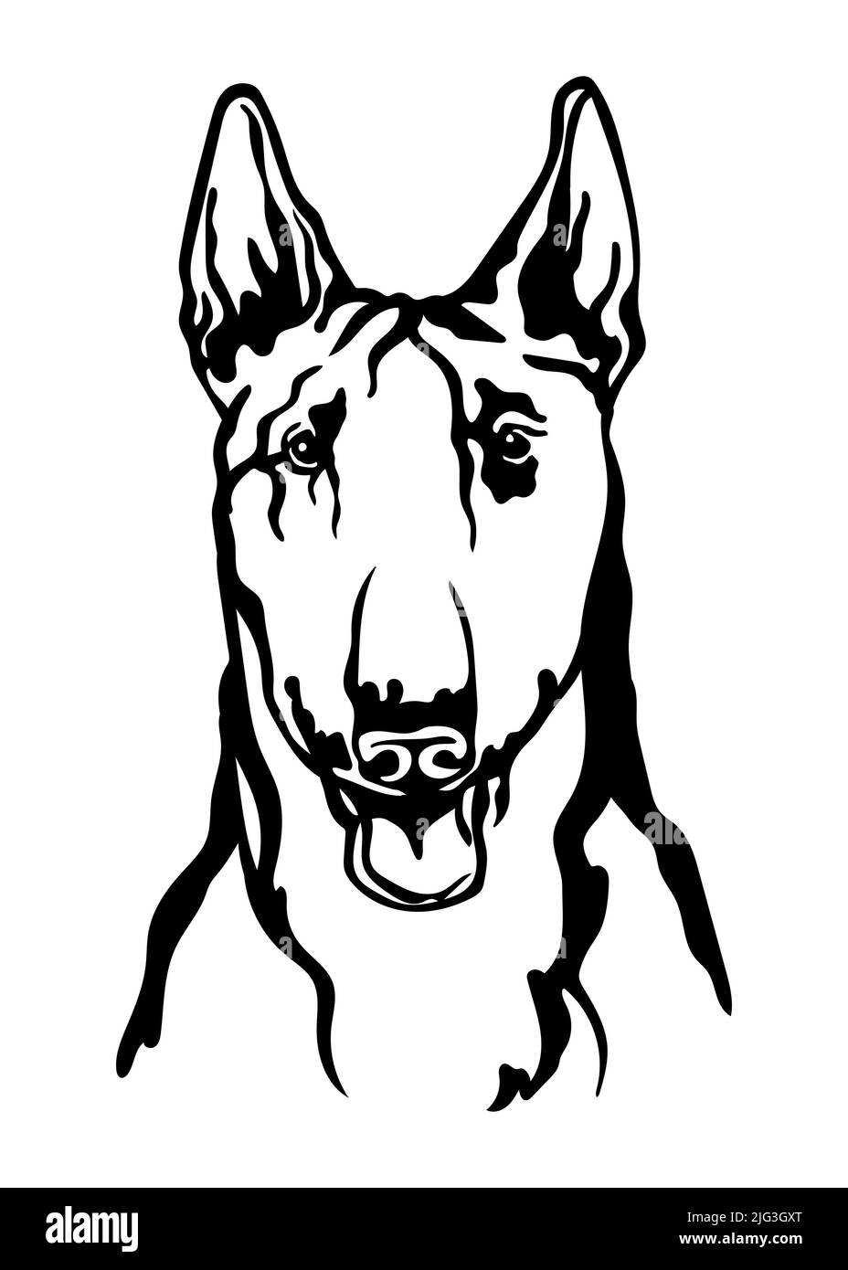 Bull Terrier Hund schwarz Kontur Porträt. Hundekopf in Vorderansicht Vektordarstellung isoliert auf Weiß. Für Dekor, Design, Druck, Poster, Postkarte, sti Stock Vektor