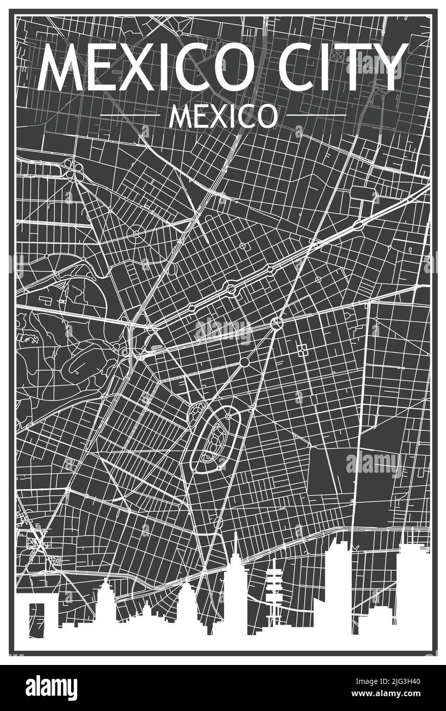 Ein dunkles Ausdrucksplakat mit Panorama-Skyline und handgezeichneten Straßen auf dunkelgrauem Hintergrund der Innenstadt VON MEXIKO-STADT, MEXIKO Stock Vektor