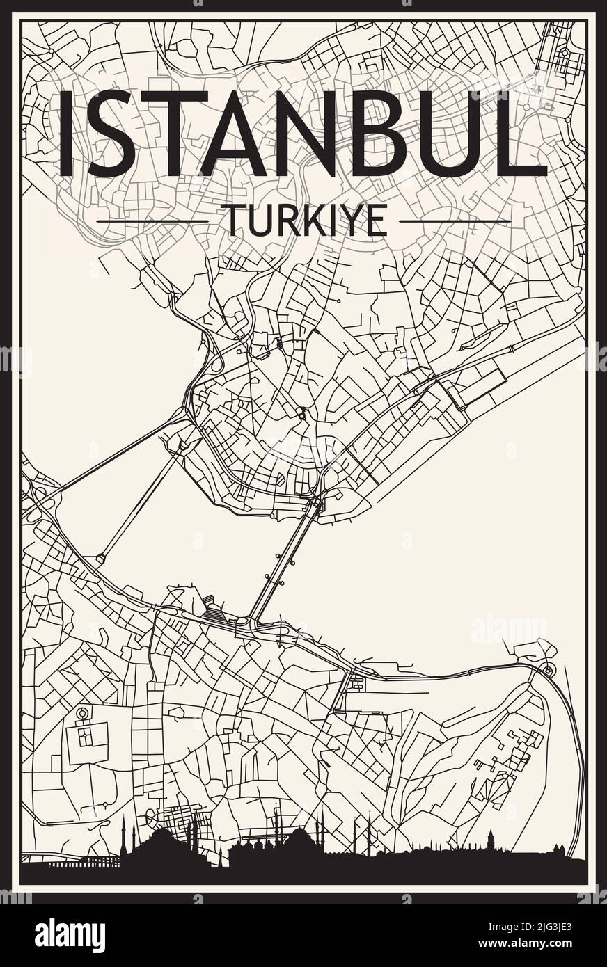 Stadtplakat mit hellem Ausdruck und Panoramasilhouette und handgezeichneten Straßen auf Vintage-beigen Hintergrund der Innenstadt VON ISTANBUL, TURKIYE-TÜRKEI Stock Vektor