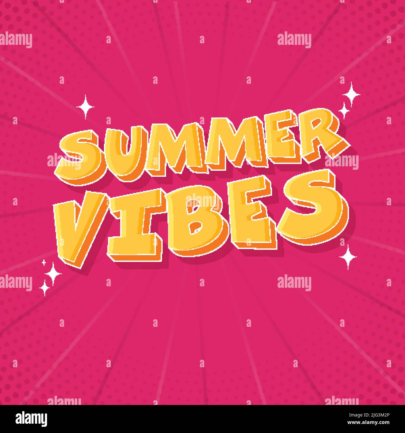 3D Gelb Sommer Vibes Schriftart auf rosa Strahlen Halbton-Effekt Hintergrund. Stock Vektor