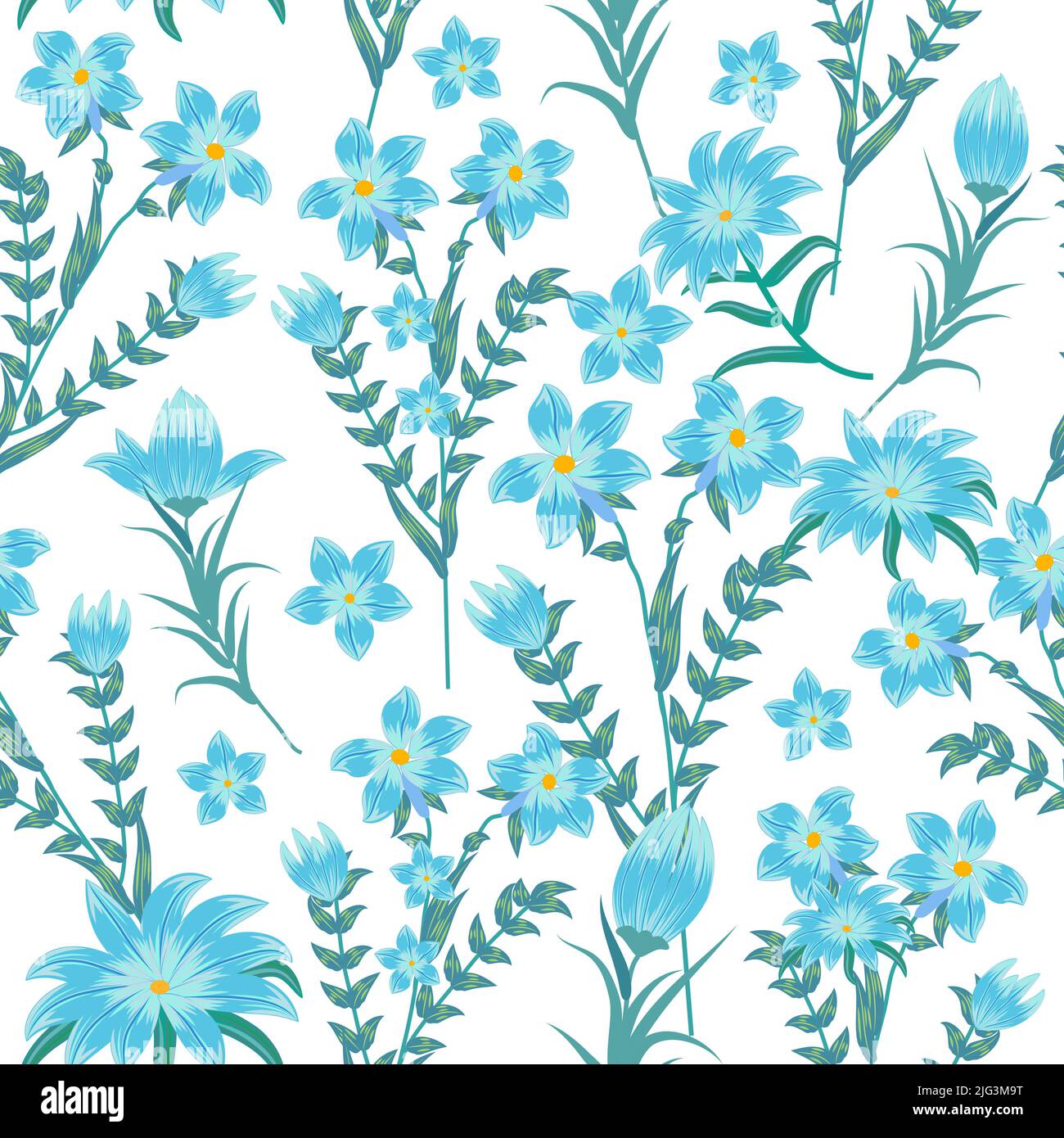 Nahtloses Muster mit blauen Blüten. Blumen dekorativen Vektor Hintergrund, Pflanzen, botanisches Design für Mode, Stoff, Tapete Stock Vektor