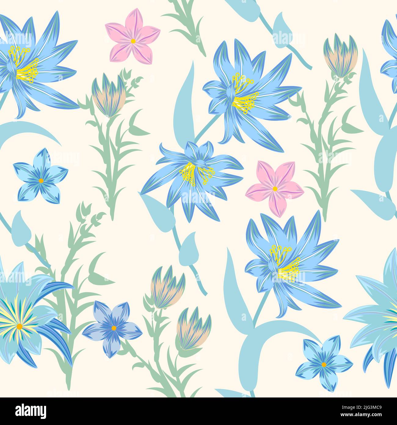 Nahtloses Muster mit blauen und rosa Blüten. Blumen dekorativen Vektor Hintergrund, Pflanzen, botanisches Design für Mode, Stoff, Tapete Stock Vektor