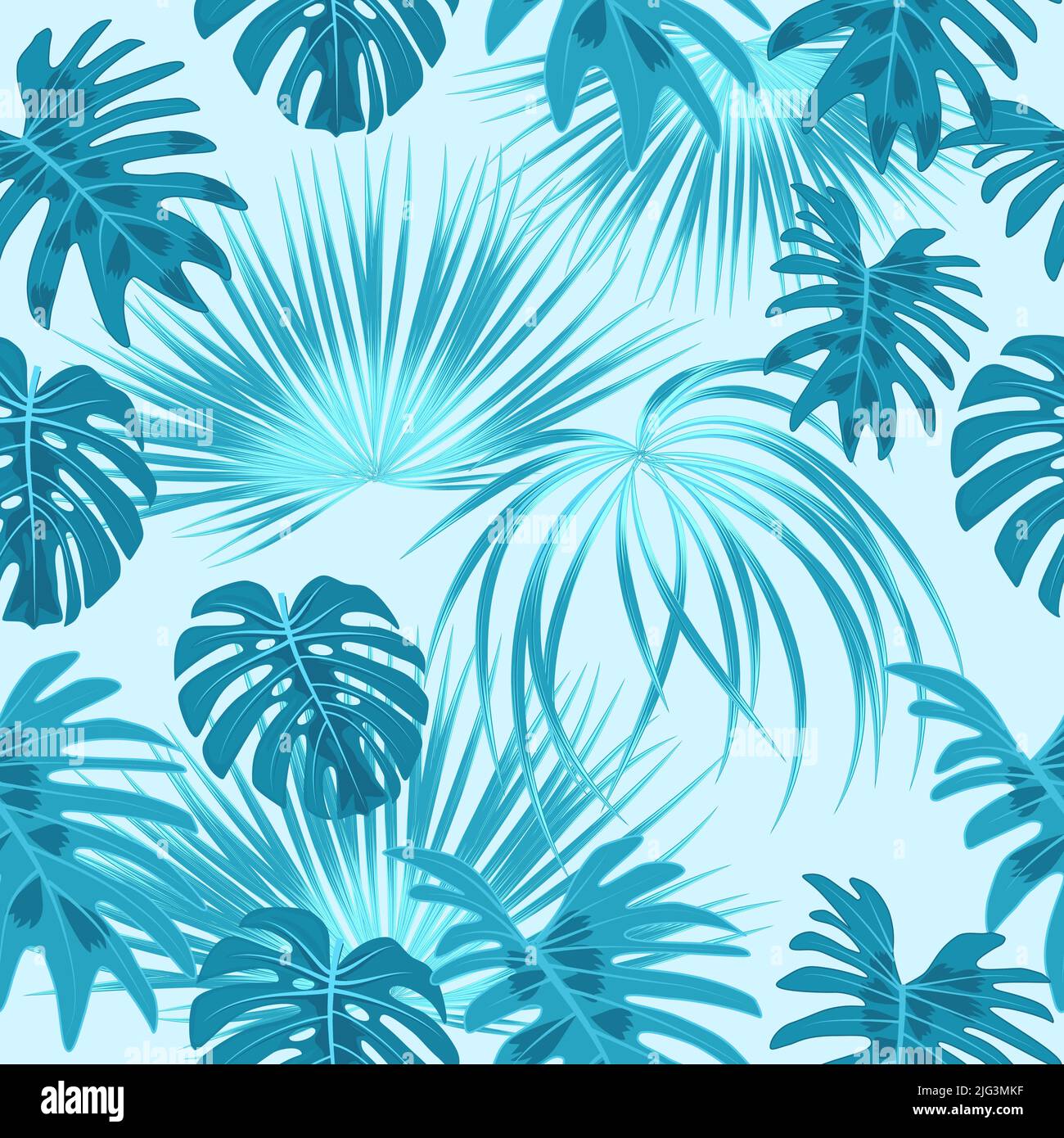 Blaues nahtloses Muster mit Monstera und tropischen Palmenblättern. Dschungel Vektor Hintergrund für Stoff, Tapete, Textil Stock Vektor