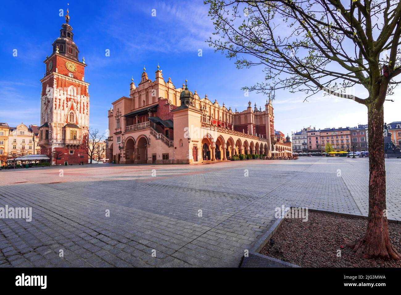Krakau, Polen. Sonnenaufgangslicht mit dem Ryenek Square in der historischen Innenstadt von Cracovia. Rathausturm und Tuchhalle. Stockfoto