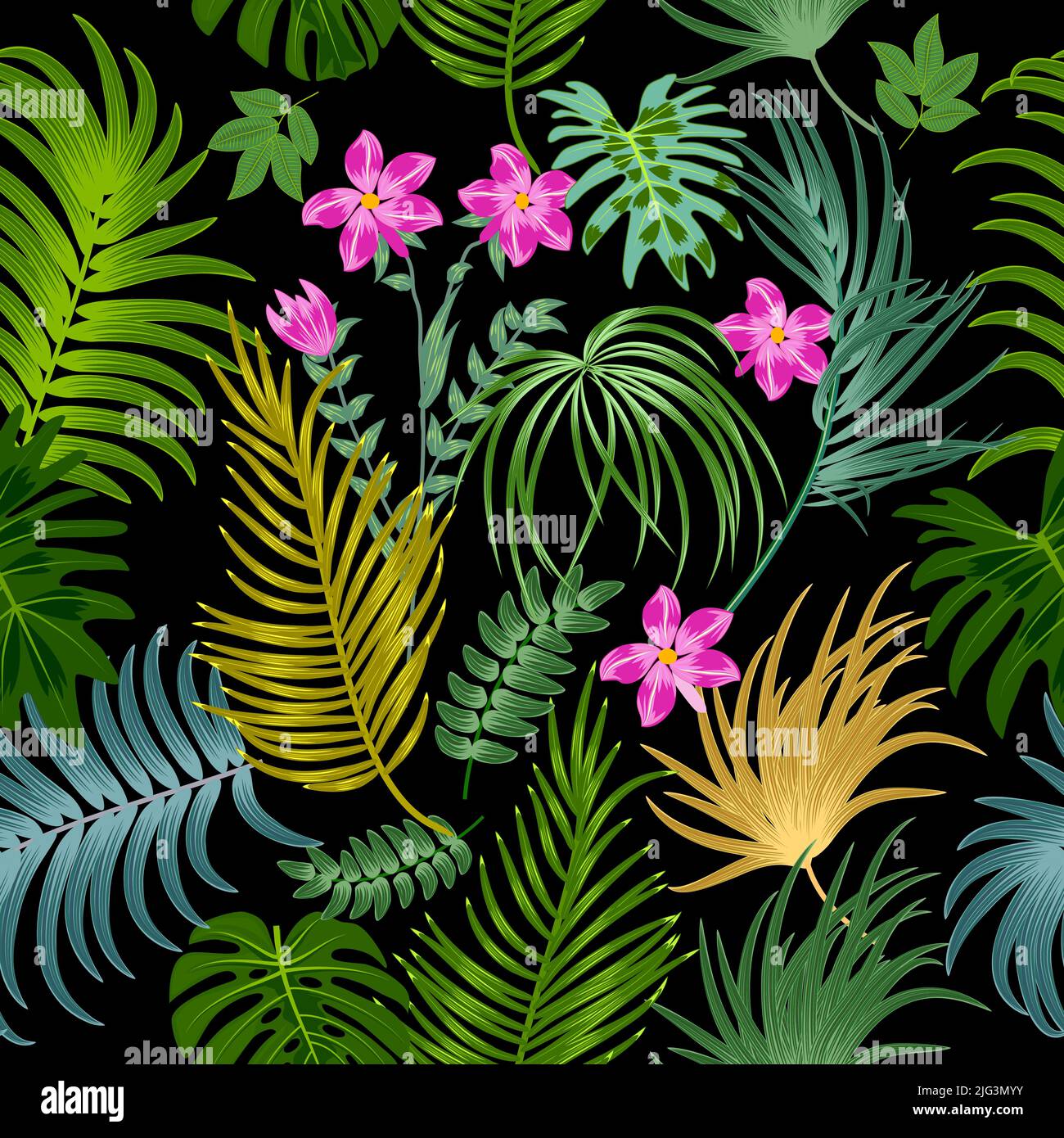 Vektor tropisches nahtloses Muster mit Blättern von Palmen und Blumen. Botany hellen Hintergrund, Dschungel Tapete. Stock Vektor