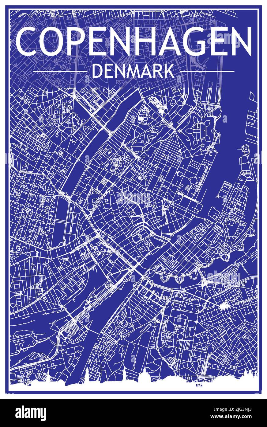 Technisches Zeichnungsausdruck Stadtplakat mit Panorama-Skyline und handgezeichneten Straßen Netzwerk auf blauem Hintergrund der Innenstadt VON KOPENHAGEN, DÄNEMARK Stock Vektor