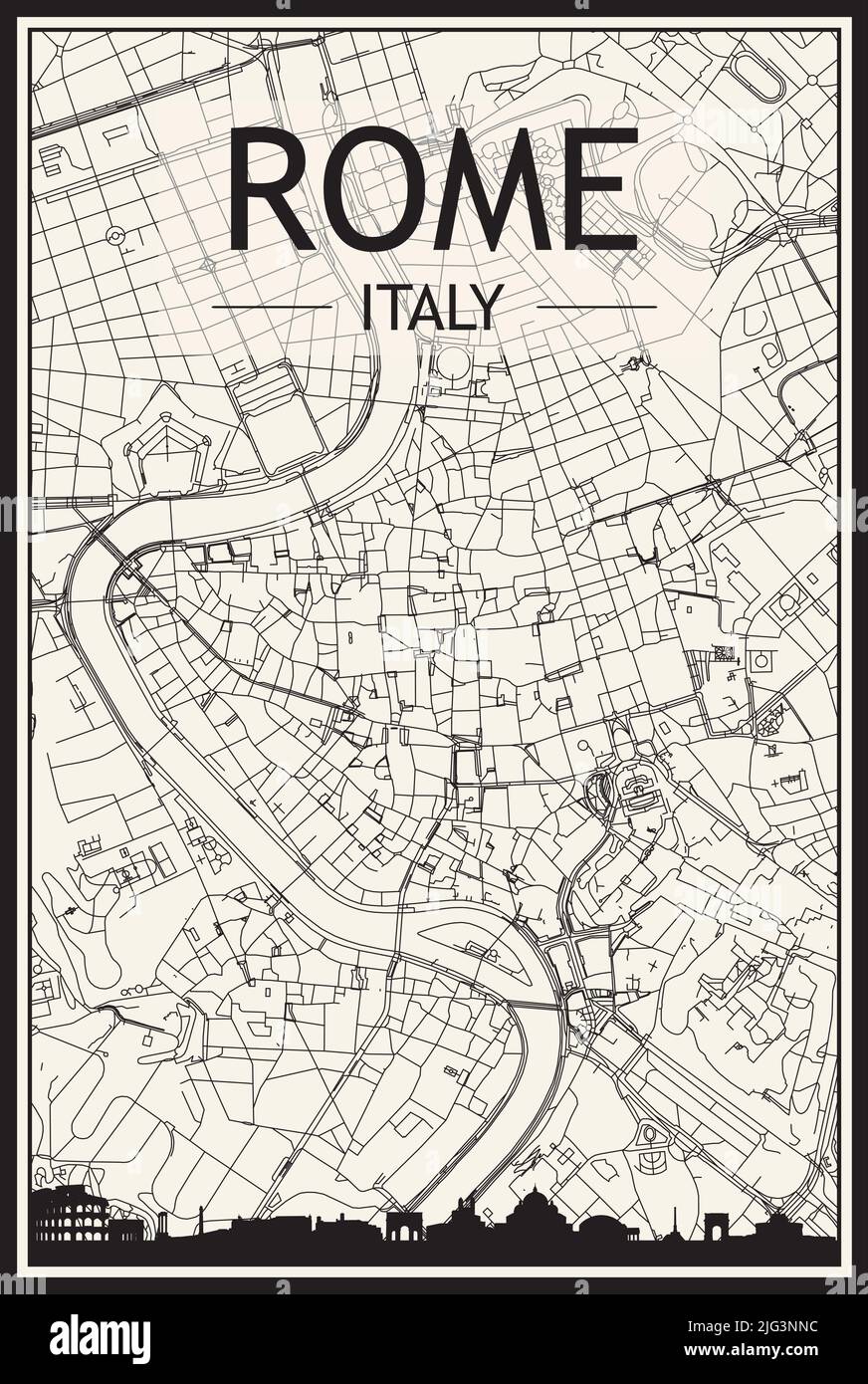 Stadtplakat mit hellem Ausdruck und Panoramasilhouette und handgezeichneten Straßen auf Vintage-beigefarbenem Hintergrund der Innenstadt VON ROM, ITALIEN Stock Vektor