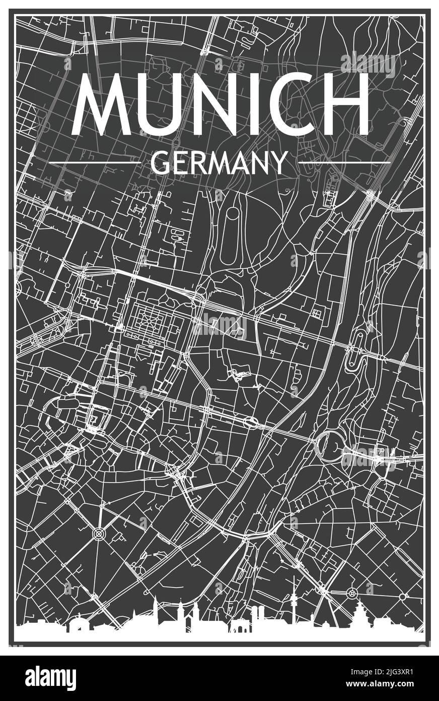 Dunkles Ausdrucksplakat mit Panorama-Skyline und handgezeichneten Straßen auf dunkelgrauem Hintergrund der Münchner Innenstadt Stock Vektor