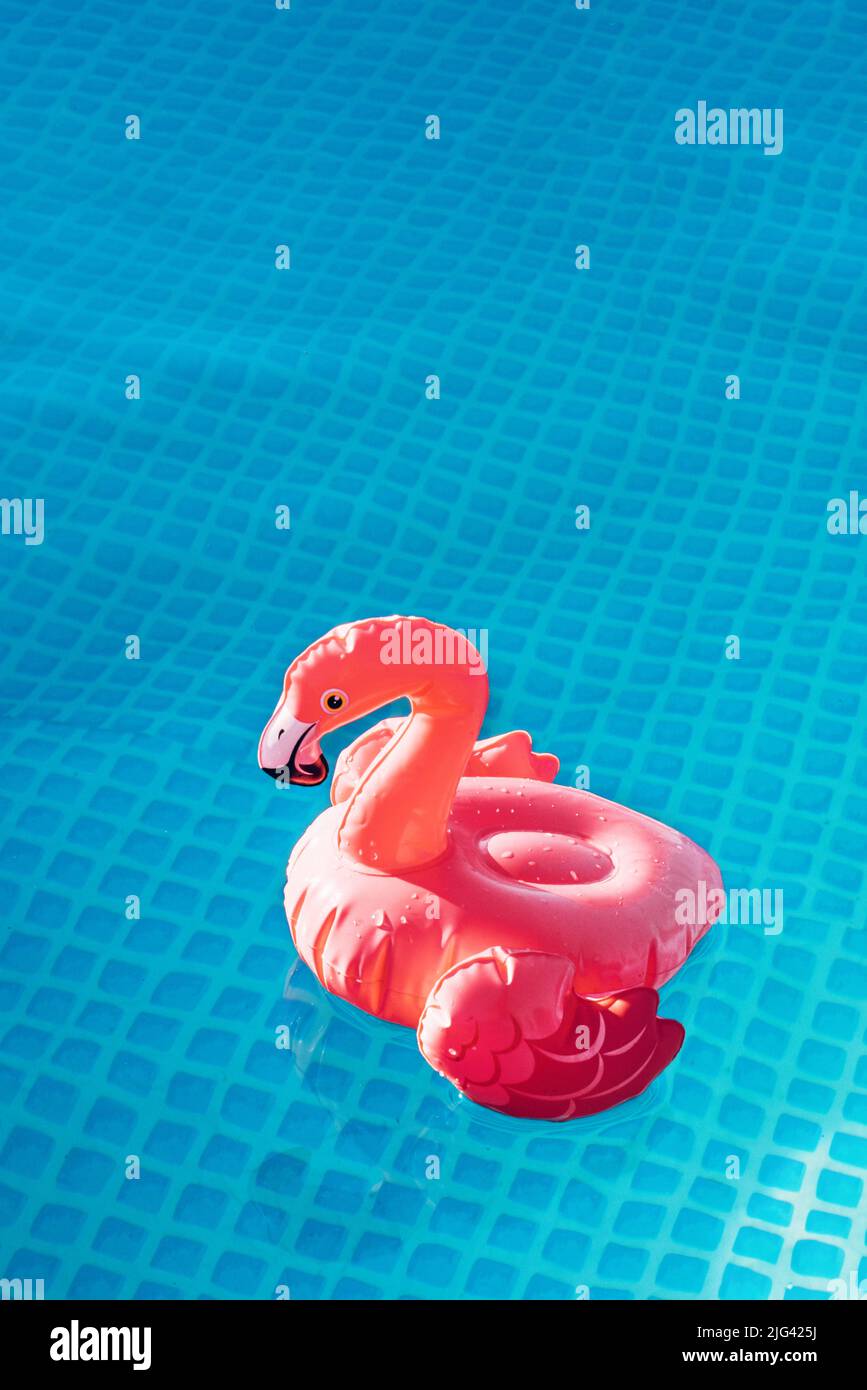 Ein aufblasbares rosa Flamingo-Spielzeug schwimmt allein auf dem Wasser des Pools, niemand. Sommerhintergrund, Urlaubskonzept. Platz kopieren. Stockfoto