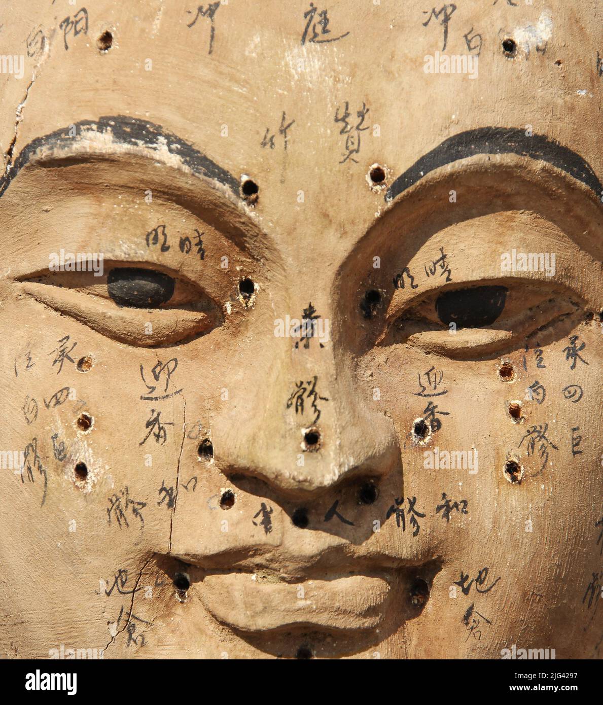 Vintage Buddha-Gesicht aus Holz mit angedeuteten Akupunkturpunkten und Namen Stockfoto