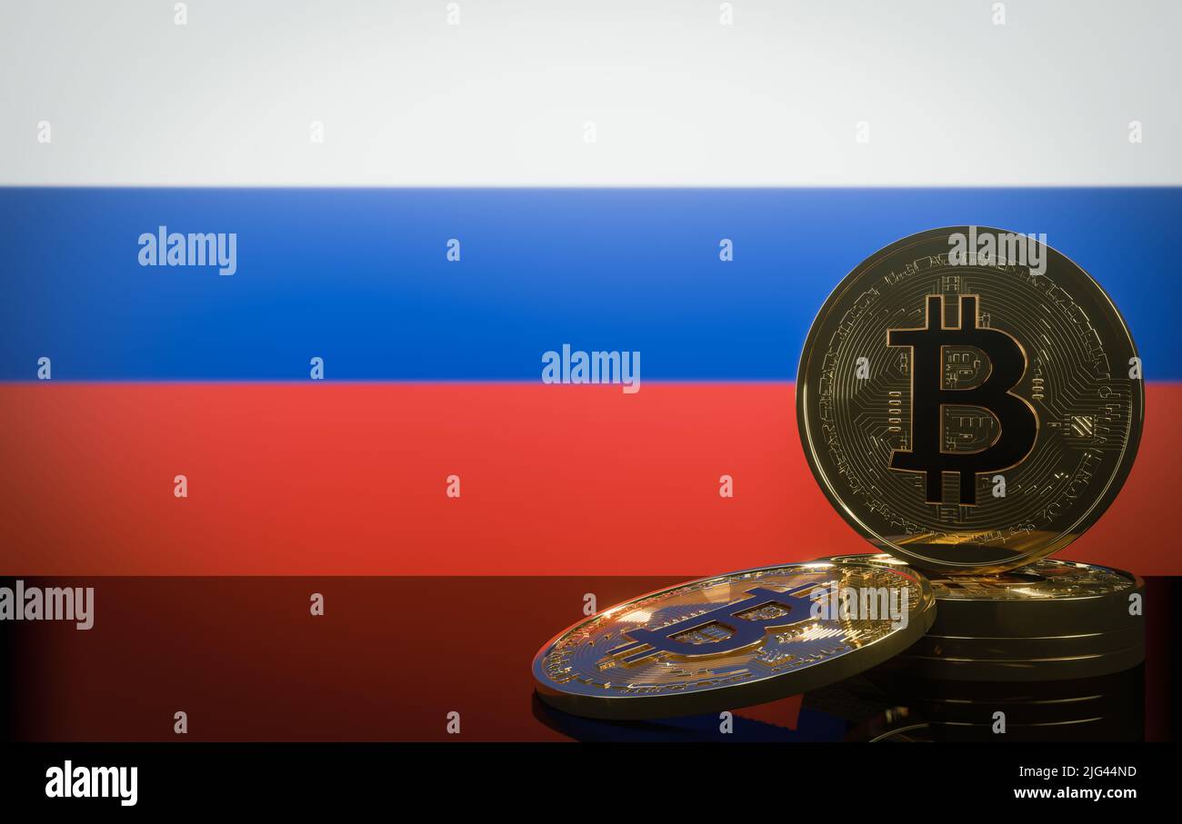 Bitcoin in Russland, Krise Bitcoin und Krypto, Münzen Bitcoin und Flagge Russland, 3D Arbeit und 3D Bild Stockfoto