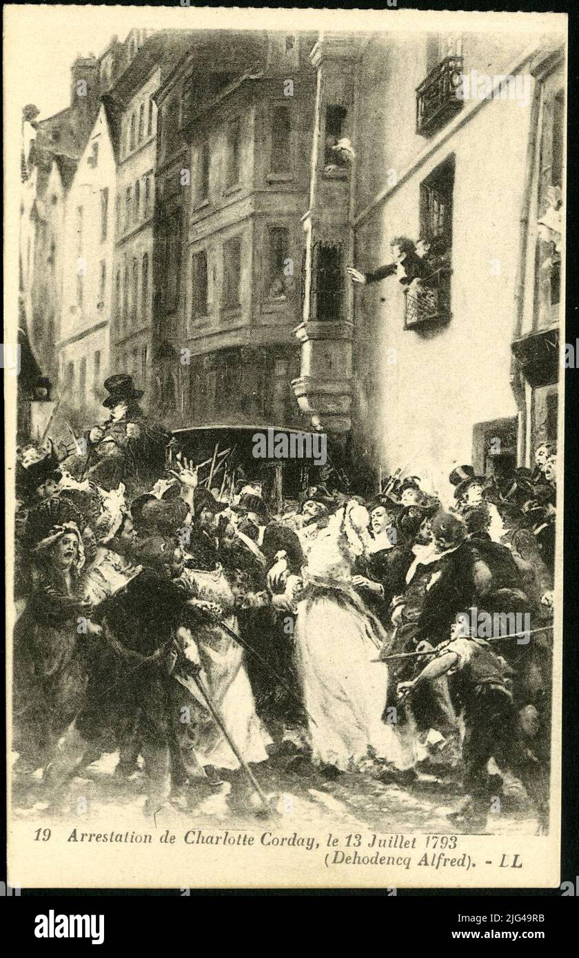 19 Verhaftung von Charlotte Corday, 13. Juli 1793. Begründete Klassifizierung: Die Postkarte gibt das Gemälde von Alfred Dehodencq (1822-1882) aus dem Jahr 1853 wieder, das die Verhaftung von Charlotte Corday (1768-1793) am 13. Juli 1793 während der Ereignisse der Französischen Revolution darstellt. Der Tisch gehört zu den Geldern des Orsay-Museums (Titularinstitution), obwohl er in der Französischen Revolution von Vizille hinterlegt ist. Der Künstler stellt den Moment nach dem Mord an Jean-Paul Marath (1743-1793) nach. Die Szene läuft auf der Straße. Corday wird aus dem Haus des Politikers eskortiert, während eine wütende Menge auf sie hereinfällt. Stockfoto