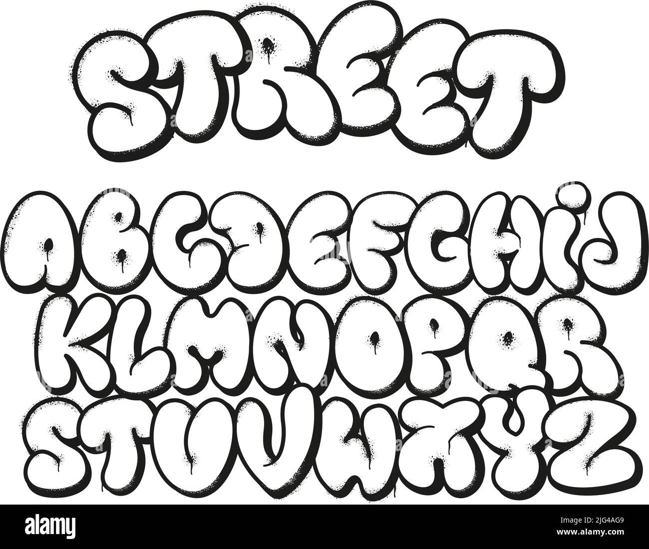Bubble Graffiti-Schrift. Aufgeblähte Buchstaben, Street Art-Alphabet-Symbole mit grunge gesprühter Textur und urbaner Graffitis Designer-Vektor-Set Stock Vektor