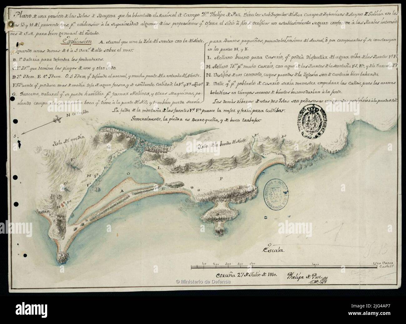 Plan eines Teils der Bayona-Inseln. Manuskript vom Autor signiert und abonniert. Eine schwarze Tinte und Aquarell -farbig in blau, grau, grün und siena orientiert mit Lis, N. bis E. Relief dargestellt durch Schatten Beziehung der defensiven Systeme durch alphabetische Schlüssel zum Vers angezeigt: „Plan eines Teils des Teils der Bayona-Inseln mit dem Amt des Direktors Subinspor. Paz und FHO. Im August 1810 Stockfoto