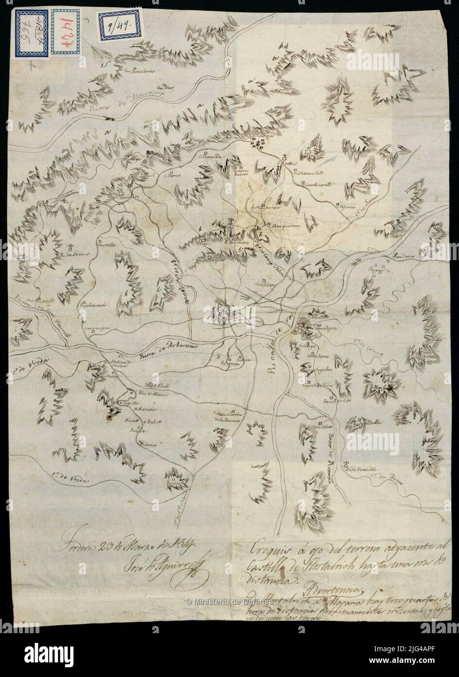 Skizze am Auge des Landes neben der Burg von Hostalrich bis zu einem Gebet der Ferne. Manuskript vom Autor signiert und abonniert. Eine schwarze Tinte Plumilla Relief durch normale Figur unter dem Titel die Warnung dargestellt: "Von Hostalrich bis Masana gibt es drei Viertel einer Entfernung bald orizontal, und andere sind daraus abgeleitet Stockfoto