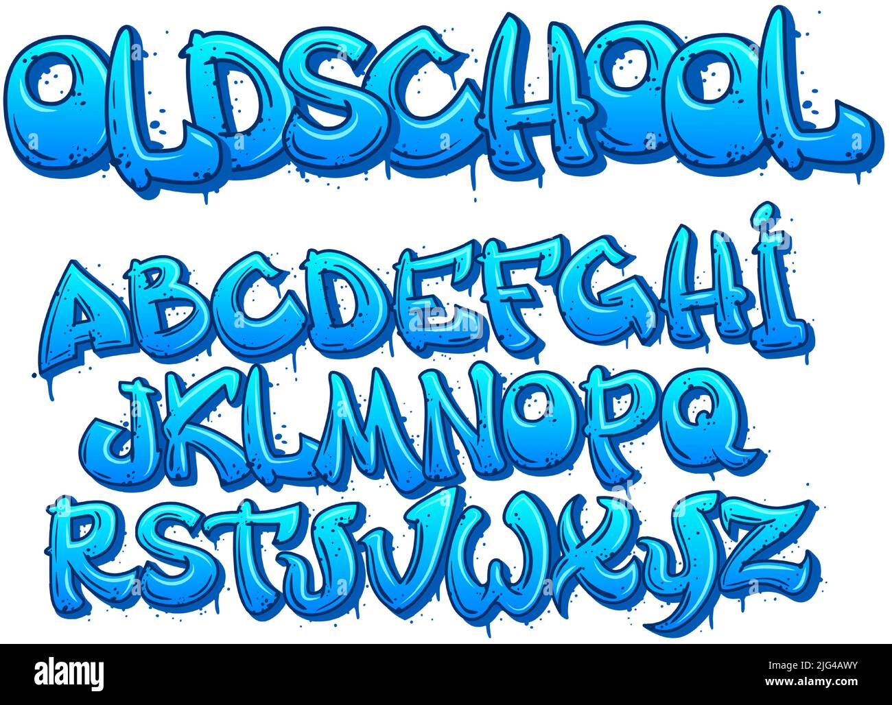 Old School Graffiti Schrift. Cartoon Alphabet Großbuchstaben im Street Art Stil mit Farbflecken und Tiefenwirkung, Urban Lettering Designer Vektor Stock Vektor