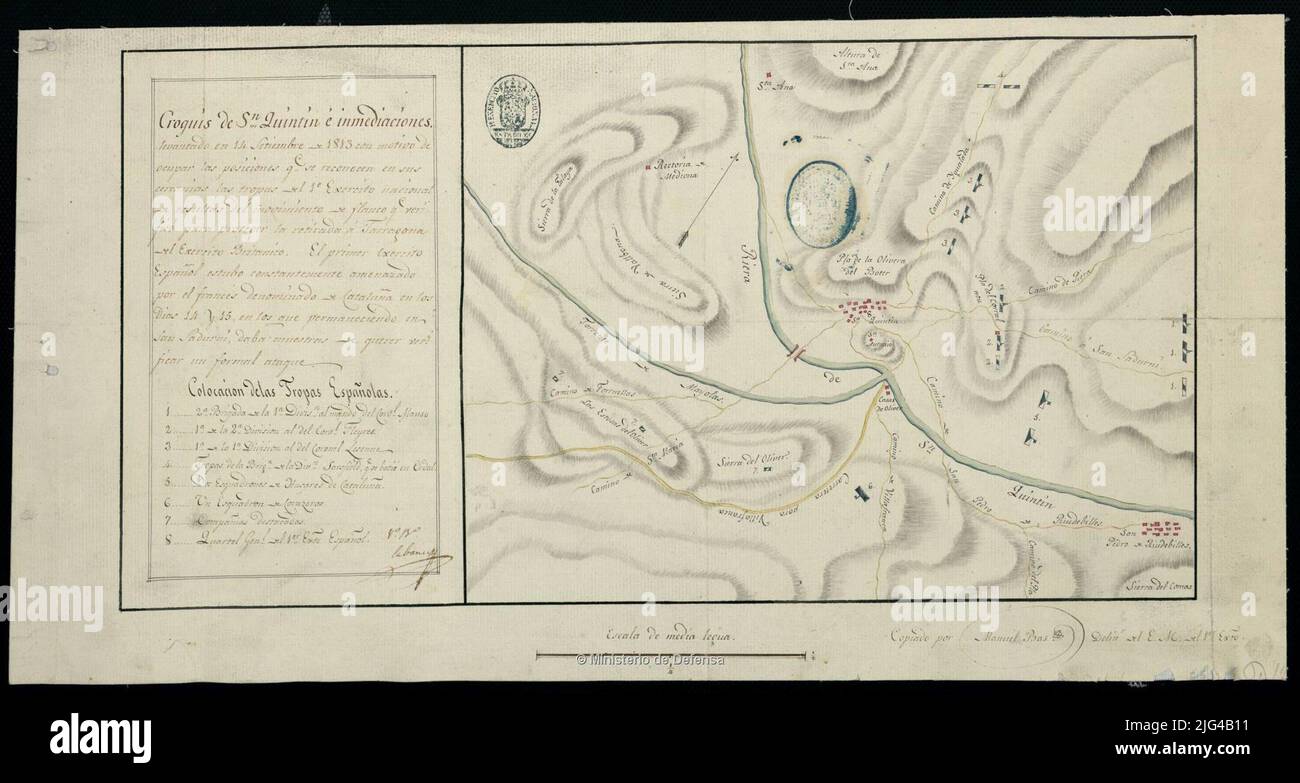 SN-Skizze. Quintin und sofort. OK's Genehmigung von Cabanes Manuskript unterzeichnet und vom Autor unterzeichnet. Zu Plumilla in schwarzer Tinte und gefärbt zum Aquarell in Rot und Braun orientiert mit einem Reliefpfeil, der durch Schatten dargestellt wird, zeigt die Platzierung des spanischen Truppenversiegels der allgemeinen topographischen Lagerstätte der Ingenieure an Stockfoto