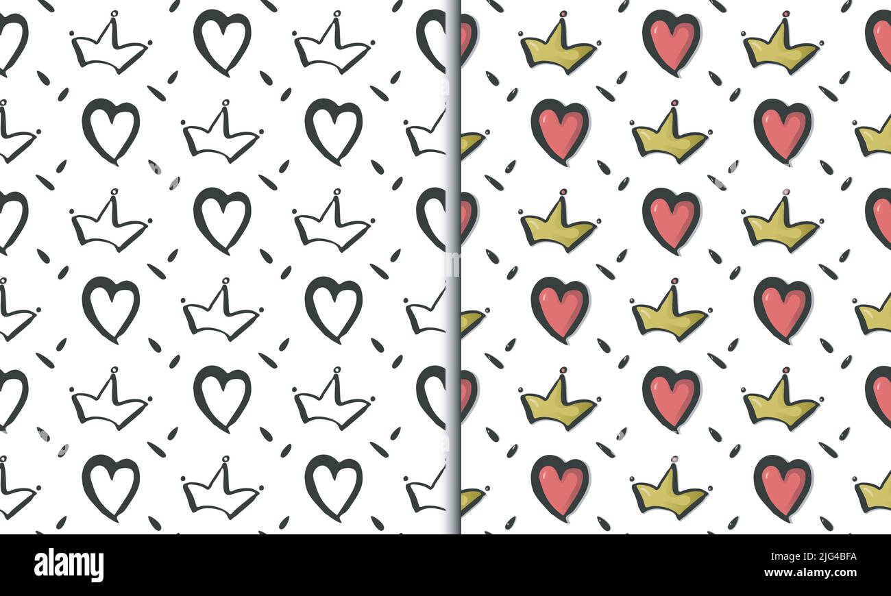Herz, Krone nahtlose Muster, Sammlung von 2 Abbildungen. Handgezeichnetes Doodle Cartoon Grafikdesign. Monochrome und gradientenfarbene geometrische Farben Stock Vektor