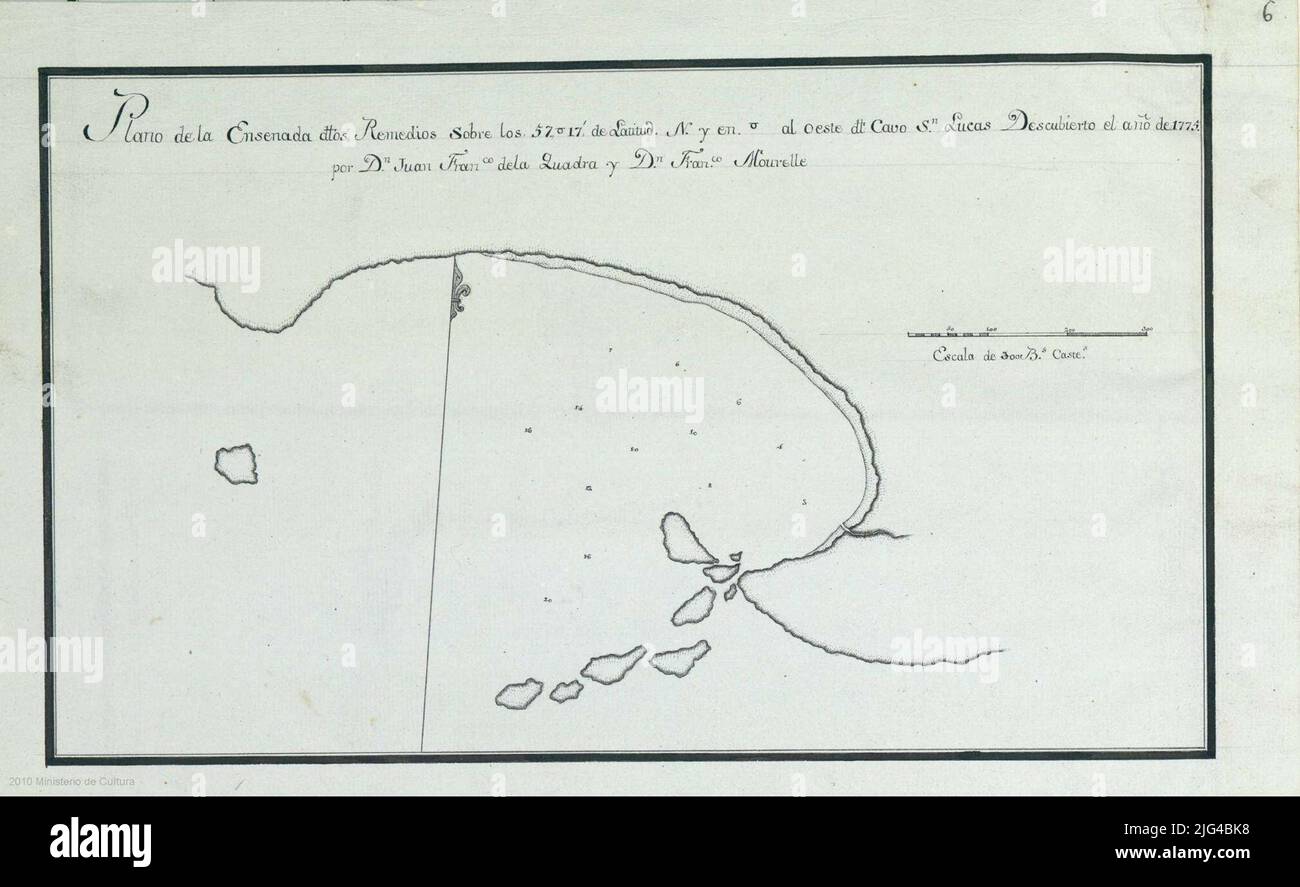 Plan der Ensenada Dlos. Remedios: Etwa 57 17 'der Breite N. und in ... ... Nach Westen dl. Cavo sn. Lucas entdeckte das Jahr 1775 von DN. Juan Franco. Der Quadra und dn. Frank. Mourelle. 300 kastilische Stabskala [= 6,8 cm]. Orientiert an durchschnittlichem LIS zeigt batimetrische Sonden an Stockfoto